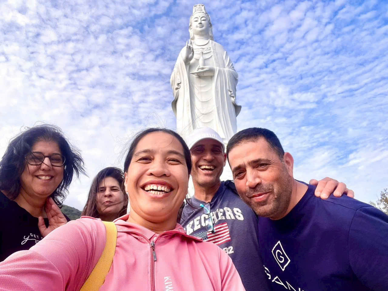 Selfie with tour guide and guests at Lady Buddha statue, Son Tra Peninsula Da Nang