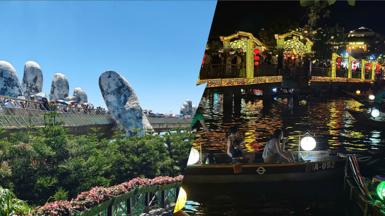 Golden Bridge at Ba Na Hills and Hoi An Ancient Town illuminated by colorful lanterns during a private combo tour from Da Nang