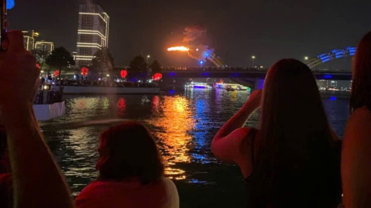Dragon Bridge breathing fire during the spectacular weekend night show in Da Nang, Vietnam.