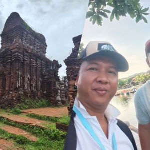 Scenic view combining My Son Sanctuary ancient Hindu temples and Hoi An Ancient Town lantern streets in Central Vietnam.